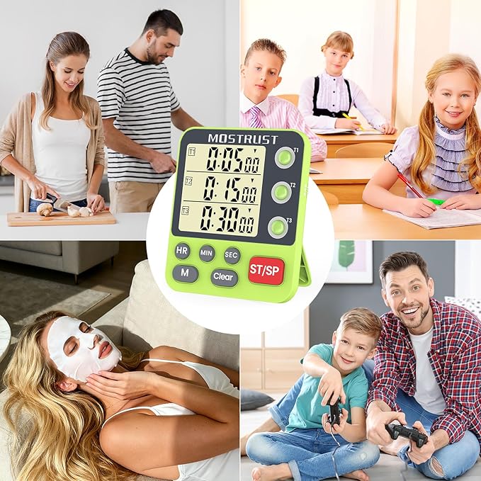 Digital Dual Kitchen Timer, 3 Channels Countdown Triple Timer for Cooking, Magnetic Memory-Preset Large-Display Adjustable Alarm Volume, Multi Times Management, 3A Battery Included, Green - Image 7