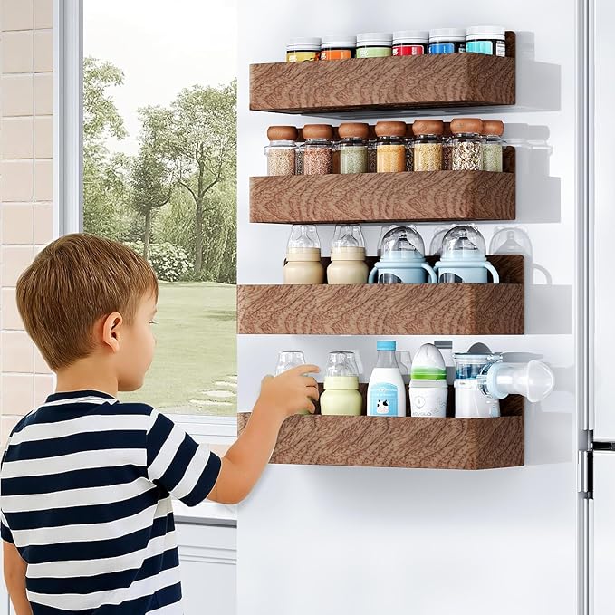 Mystozer Magnetic Spice Rack for Refrigerator, Kitchen Organizer and Storage Shelf, Wood Red (4 Pack)… - Image 5