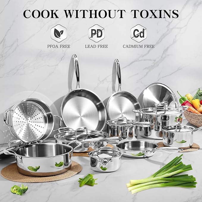 EWFEN Stainless Steel Cookware Set, 3 Ply 17 Piece Stainless Steel Pot and Pan Set, Oven Dishwasher Safe | Induction Compatible Frying Pans, Saucepans, Saute Pan & Stock Pot, PFOA, PTFE & PFOS Free - Image 2