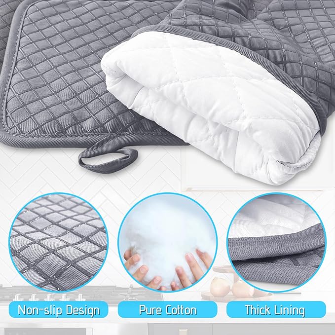 4 Pcs Oven Mitts and Pot Holders,High Heat Resistant 500 Degree Glove with Silicone Non-Slip Surface,Extra Thicken Long Kitchen Cotton Oven Glove for Baking,Cooking,Grilling(Light Gray) - Image 3