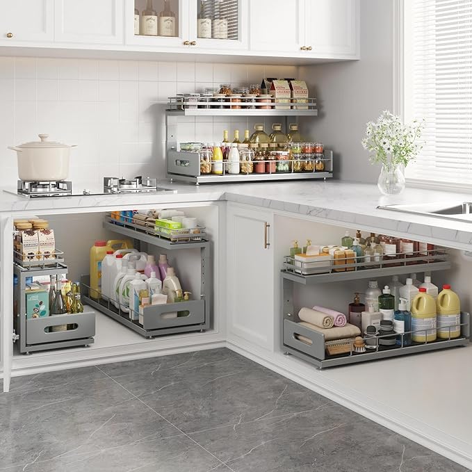 Under Sink Organizer Upgrade To Professional Rails,2-Tier Dual Pull Out Cabinet Storage,Height Adjustable Slide Out Drawers For Bathroom Kitchen,1 Pack-21"Dx12.8"-16.9"H,Gun Gray - Image 7