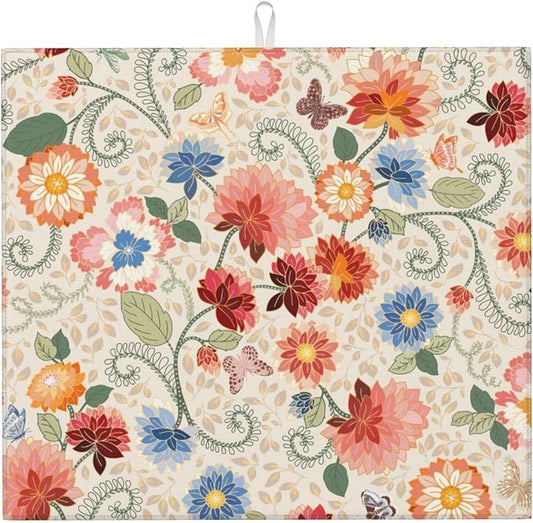 Mandala Flowers Dish Drying Mat 16x18 Inch, Microfiber Absorbent Fast Dry Mat Colorful Floral Large Dish Mat Drying Kitchen Mat, Kitchen Drying Pad for Kitchen Counter Coffee Bar Decor Gifts