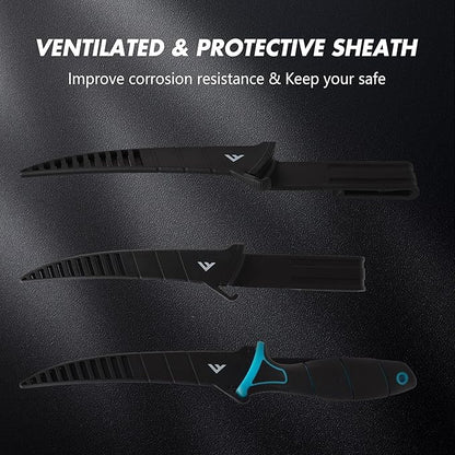 FLISSA Fillet Knife Set, Boning Knife & Bait Knives with Sharpener, Protective Sheath, Belt Clip, Non-Slip Handle, Portable Pouch & Corrosion Resistant Coating Blade, for Fresh or Saltwater (4-Piece)