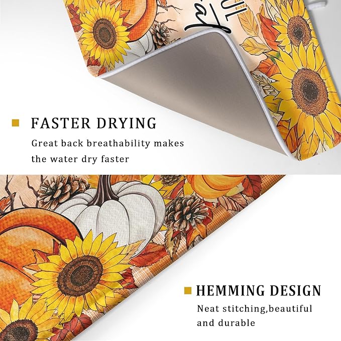 Giwawa Autumn Pumpkins Dish Drying Mat for Kitchen Countertop, Fall Sunflowers Thankful Grateful Blessed Dish Drainer Mats 18x24in, Thanksgiving Harvest Decorative Reversible Dish Drying Pad