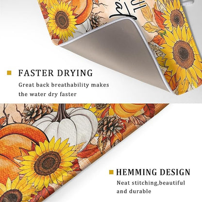Giwawa Autumn Pumpkins Dish Drying Mat for Kitchen Countertop, Fall Sunflowers Thankful Grateful Blessed Dish Drainer Mats 18x24in, Thanksgiving Harvest Decorative Reversible Dish Drying Pad