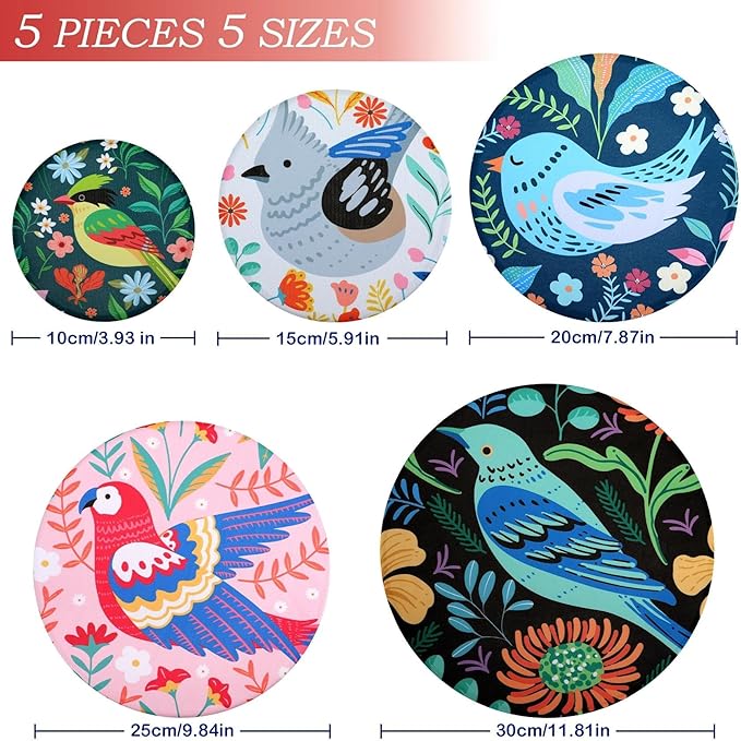 5 Pieces Bowl Covers Reusable, 5 Size Elastic Cloth Bowl Covers for Bread Proofing, Food Covers Washable for Food Fruits Leftover (Floral Bird) - Image 2