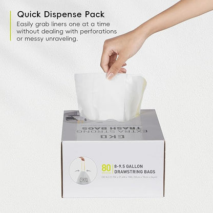 EKO Easy-Dispense Roll 80 Count Extra-Strong Drawstring Tall Kitchen Trash Bag, 8-9.5 Gallon Trash Bag (30.3L-36L) 1 Pack White, Code E