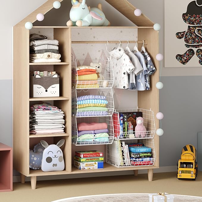 5 Tier Closet Hanging Organizer, Clothes Hanging Shelves with 4 Hanging Hooks 5 S Hooks, Wire Storage Basket Bins, for Clothing Sweaters Shoes Handbags Clutches Accessories Patent Design-White - Image 5