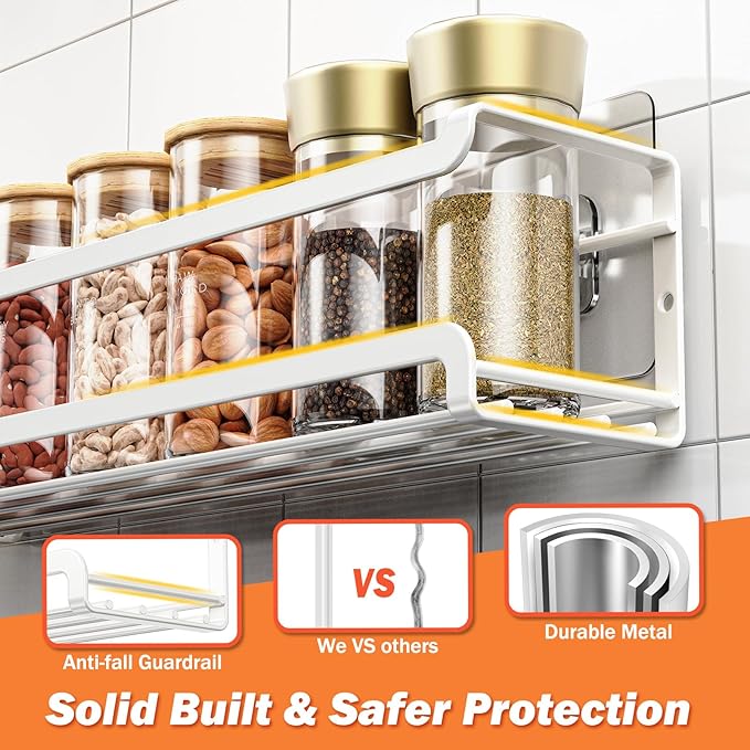 Bunoxea Spice Rack wall mounted 4 Pack, Space-Saving Spice Organizer for Spice Jars and Seasonings,Screw or Adhesive Hanging Spice Rack Organizer for Your Kitchen Cabinet,or Pantry Door,White - Image 4