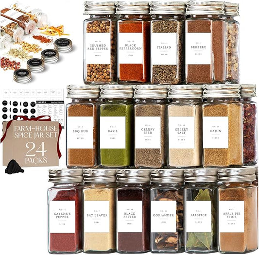 FINESSY Glass Spice Jars with Labels with Metal Lids and Shakers 24 Pack Set, 4oz Small Empty Air Tight Spice Containers with Labels, Clear Seasoning Containers Herb Bottles Kitchen Storage Organizer by Finessy
