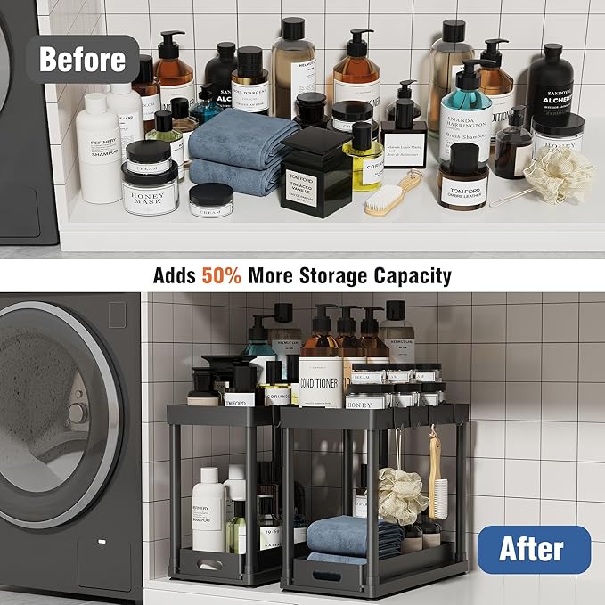 2 Pack Pull-Out Storage Organizers, Under Sink Organizer and Storage for Bathroom & Kitchen,Multi-Purpose Under Cabinet Organizers and storage Black - Image 5