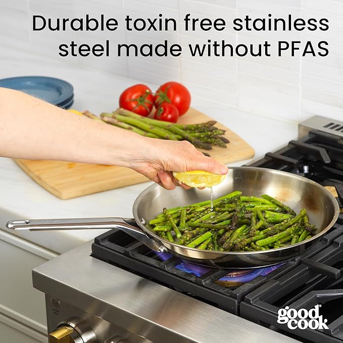 GoodCook Stainless Steel Fry Pan 12-Inch, Oven-Safe to 500F & Induction-Safe Compatible with All Stovetops 3-Layer Construction for Even Heating Non-Toxic PTFE & PFOA Free, Silver