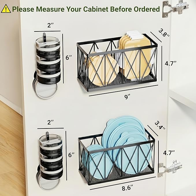 4 Pack Adhesive Cabinet Door Organizer, 2 Baskets + 2 Tumbler Lid Holders, Lid Organizer Inside Cabinet for Tupperware Pyrex Yeti Stanley, Pantry Door & Bathroom Wall Mounted Storage