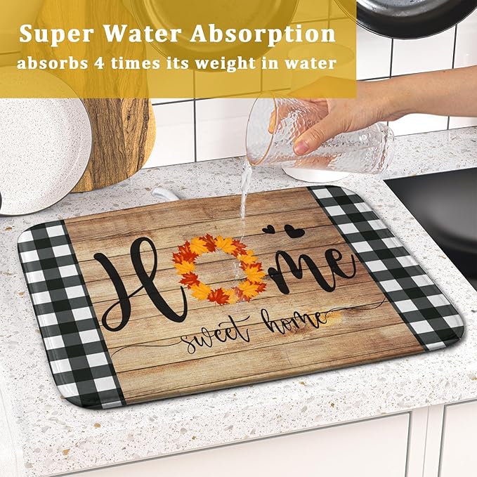 Giwawa Home Sweet Home Dish Drying Mat 16x18 Inch Fall Autumn Maple Leaf Wreath Dish Drainer Mats Rustic Brown Wood Board Microfiber Dish Drying Rack Pad for Kitchen Countertop Farmhouse Decor