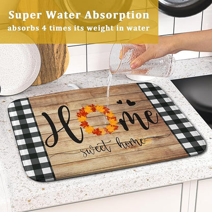 Giwawa Home Sweet Home Dish Drying Mat 16x18 Inch Fall Autumn Maple Leaf Wreath Dish Drainer Mats Rustic Brown Wood Board Microfiber Dish Drying Rack Pad for Kitchen Countertop Farmhouse Decor