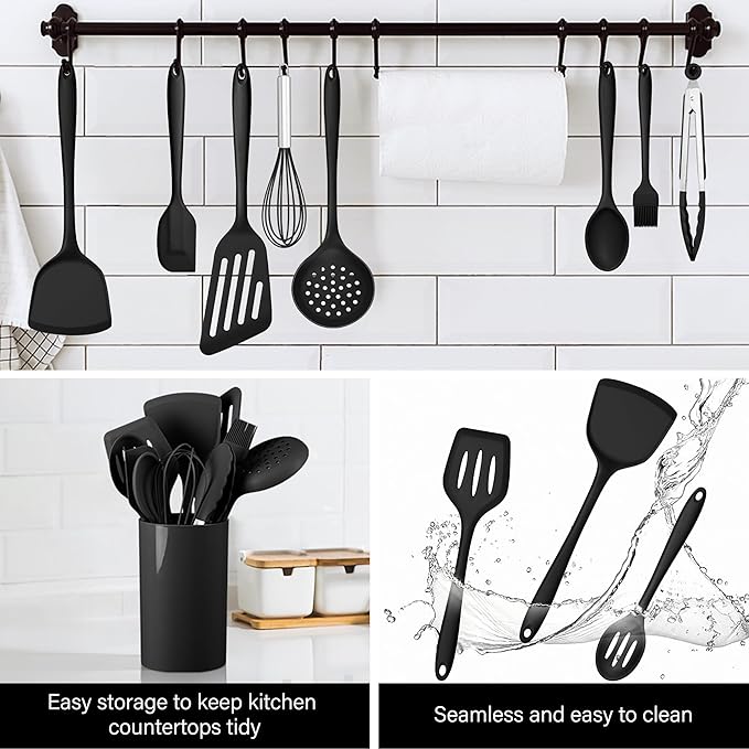 HaWare 11 PCS Silicone Cooking Utensils Set, Heat Resistant Kitchen Utensils with Holder, Food-grade Spatula Sets for Nonstick Cookware, Kitchen Tools Gadgets Include Fish Turner, Spoon (Black) - Image 7