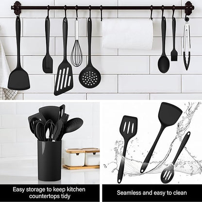 HaWare 11 PCS Silicone Cooking Utensils Set, Heat Resistant Kitchen Utensils with Holder, Food-grade Spatula Sets for Nonstick Cookware, Kitchen Tools Gadgets Include Fish Turner, Spoon (Black) - Image 7