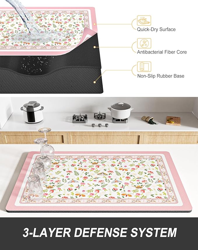Rnivvi Dish Drying Mat for Kitchen Counter, 12 x 19" Cute Flower Theme Super Absorbent Draining Pad, Non-Slip Heat Resistant Coffee Bar Mats for Coffee Machine Station Accessories, Pink Dish Rack Pad - Image 4