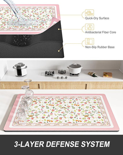 Rnivvi Dish Drying Mat for Kitchen Counter, 12 x 19" Cute Flower Theme Super Absorbent Draining Pad, Non-Slip Heat Resistant Coffee Bar Mats for Coffee Machine Station Accessories, Pink Dish Rack Pad - Image 4