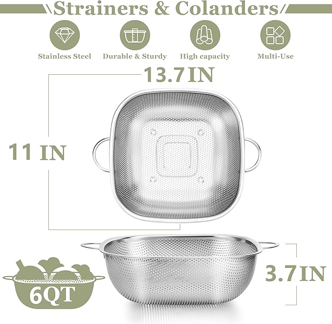 E-far 6QT Stainless Steel Colander with Handle - Square Metal Kitchen Strainer for Pasta & Vegetable Draining, Micro-Perforated & Elevated Feet, Dishwasher Safe - Image 2