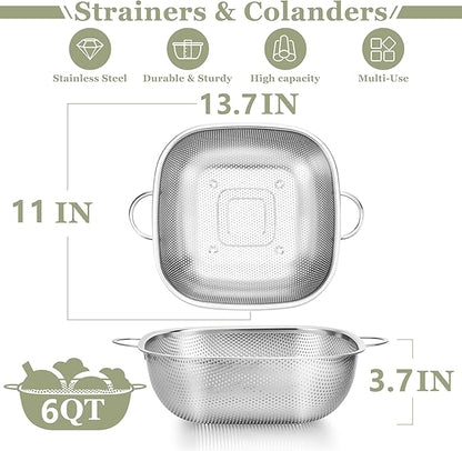 E-far 6QT Stainless Steel Colander with Handle - Square Metal Kitchen Strainer for Pasta & Vegetable Draining, Micro-Perforated & Elevated Feet, Dishwasher Safe - Image 2