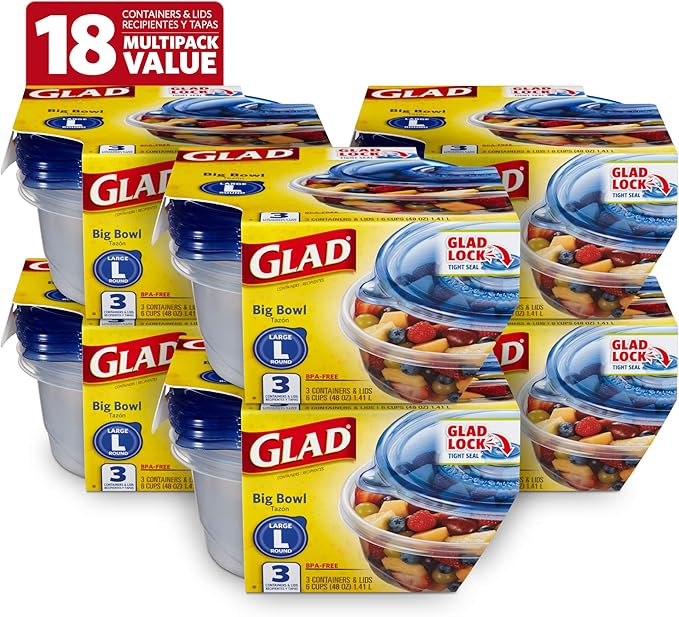 Glad GladWare Big Bowl Food Storage Containers with Lids, Large Round No BPA Plastic Containers for Soups, Salads, and Meal Prep, Lock Tight Seal, Microwave Dishwasher Safe, 48 Oz, 3 Count - 6 Pack by GladTrashFoodStorage