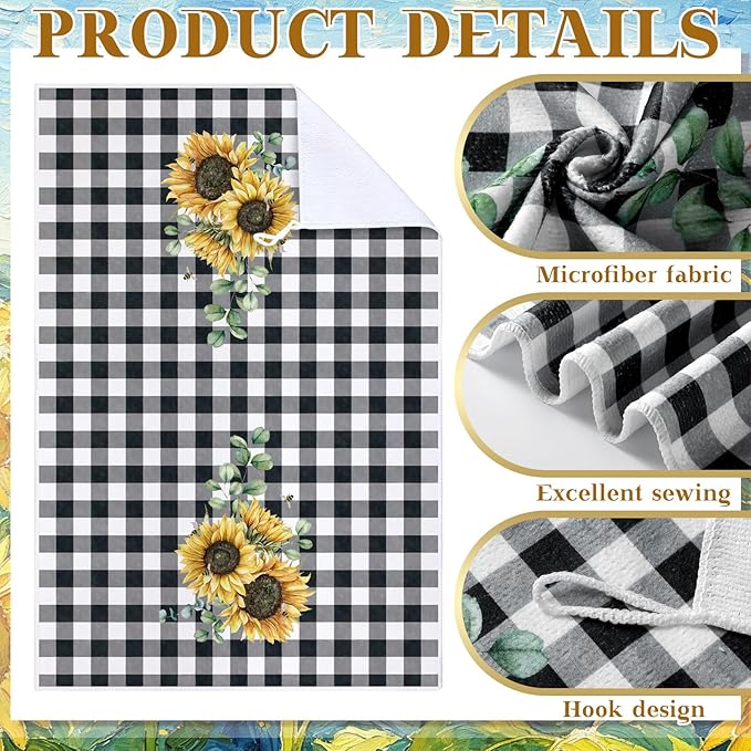 Bencailor 12 Pcs Farmhouse Sunflower Kitchen Decor and Accessories Sets 4 Black and White Check Kitchen Towels 4 Absorbent Dishcloths 2 Pot Holders 2 Oven Mitts Gloves for Home Decor Mom Gifts