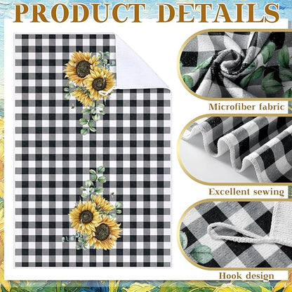 Bencailor 12 Pcs Farmhouse Sunflower Kitchen Decor and Accessories Sets 4 Black and White Check Kitchen Towels 4 Absorbent Dishcloths 2 Pot Holders 2 Oven Mitts Gloves for Home Decor Mom Gifts