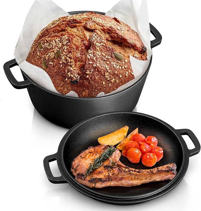 TeamFar Pre-season Cast Iron Dutch Oven with Skillet Lid, 2-in-1 Cast Iron Bread Pan Skillet Cookware with Dual Handles for Bread Baking, Frying, Camping, 5QT by TeamFar