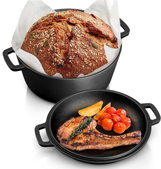 TeamFar Pre-season Cast Iron Dutch Oven with Skillet Lid, 2-in-1 Cast Iron Bread Pan Skillet Cookware with Dual Handles for Bread Baking, Frying, Camping, 5QT by TeamFar