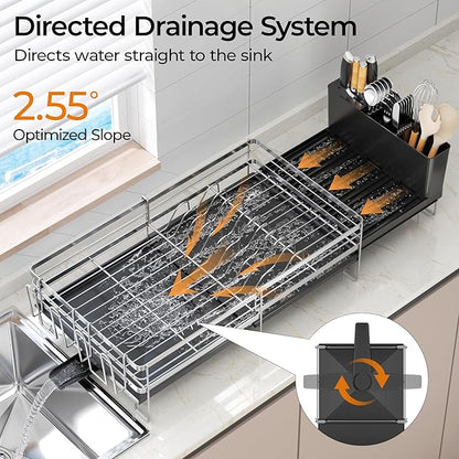 Delamu Stainless Steel Dish Drying Rack, Expandable Dish Drainer, Anti-Rust Large Dish Racks for Kitchen Counter, Dish Strainers with Drainboard, Utensil & Cup Holder, 13.4"-28.7" L x 11.8" W, Silver - Image 5