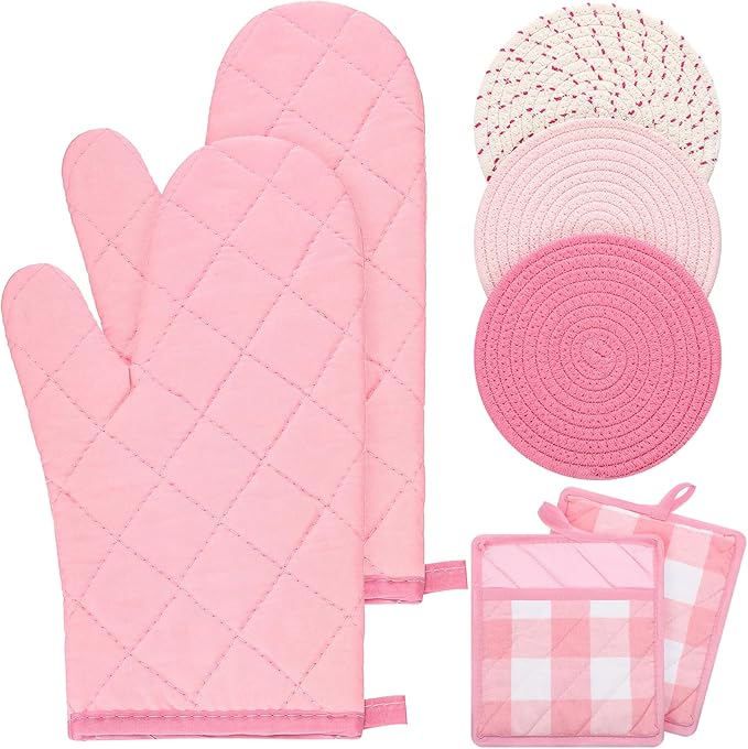Sumind Pink Oven Mitts and Pot Holders 7 Sets, Heat Resistant Kitchen Gloves Pads Potholders for Mother Women Gifts Pot Holders Kitchen Accessories Gift(Pink White,Cotton,Plaid) by Sumind