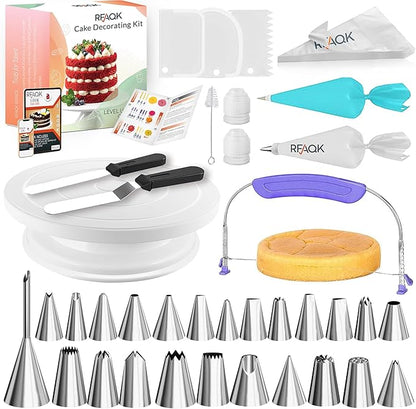 RFAQK 90PCs Cake Decorating Kit with Leveler, Baking Supplies Gift Includes Cake Stand Turntable, 24 Numbered Icing Tips, 55+1 Piping Bags, 2 Frosting Spatulas, 3 Scrappers, Video Course & Booklet by RFAQK