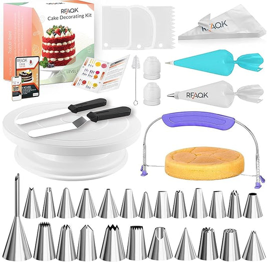 RFAQK 90PCs Cake Decorating Kit with Leveler, Baking Supplies Gift Includes Cake Stand Turntable, 24 Numbered Icing Tips, 55+1 Piping Bags, 2 Frosting Spatulas, 3 Scrappers, Video Course & Booklet by RFAQK