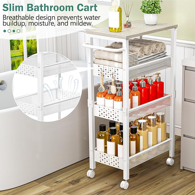 Vivihomety Utility Slim Storage Cart with Wheels, 4 Tier Small Rolling Cart with Wood Top, Metal Kitchen Bathroom Laundry Room Organization Trolley with Handle for Narrow Space - White - Image 3