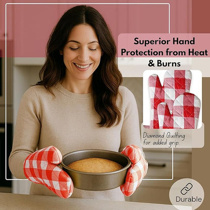 Native Fab Buffalo Plaid Check Oven Mitts and Pot Holders Set of 4, 100% Cotton Heat Resistant Kitchen Gloves, 2 Oven Mitts (7x13), 2 Pot Holders (8x8) for Cooking & Baking, Red White - Image 4