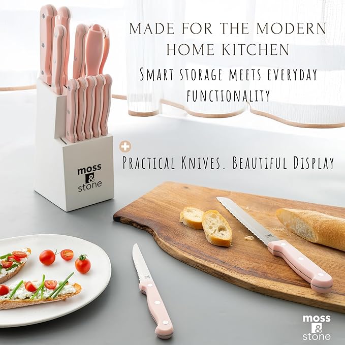 Moss & Stone Pink 14 Pcs Knife Block Set Stainless Steel, Premium Forged Kitchen Knives Set with High-Carbon Blades, Ergonomic Handle, Sharp Blade, Rust Resistant, Modern Style for Home & Chef - Image 6