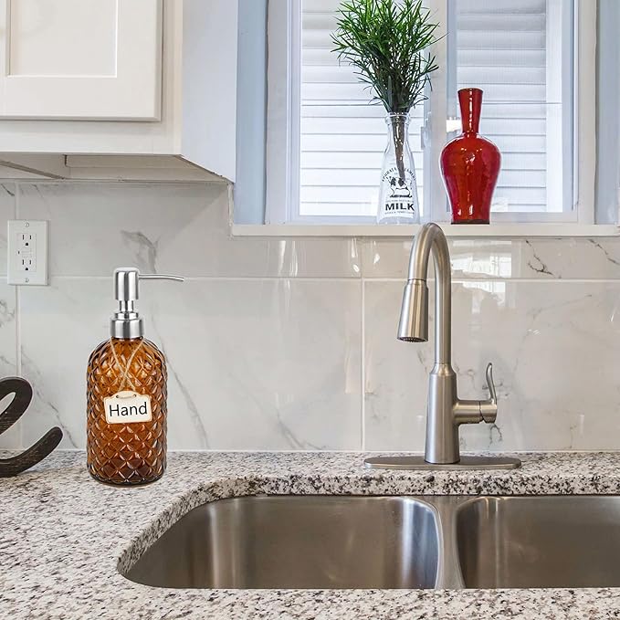 16 oz Diamond Pattern Glass Soap Dispenser, Kitchen and Bathroom Refillable Soap Dispenser with Rust Resistant Stainless Steel Pump for Hand Soap, Lotion Glass Liquid Dispenser(Amber) - Image 4