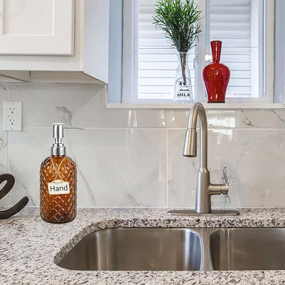 16 oz Diamond Pattern Glass Soap Dispenser, Kitchen and Bathroom Refillable Soap Dispenser with Rust Resistant Stainless Steel Pump for Hand Soap, Lotion Glass Liquid Dispenser(Amber) - Image 4