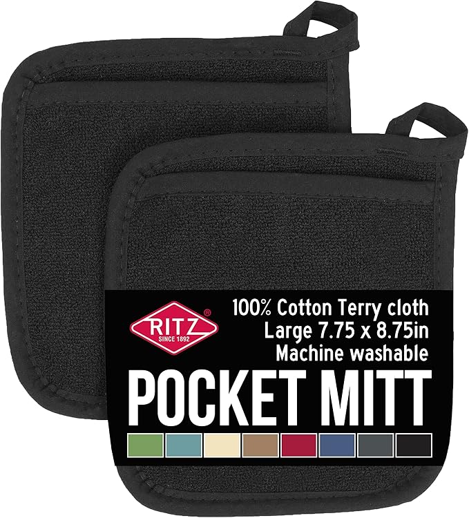 RITZ Terry Pocket Mitt & Hot Pad: Unparalleled Heat Resistant, Durable 100% Cotton – Ergonomically Designed for Optimal Grip – Easy-Care Machine Washable – 2-Pack, Black by Ritz+Foodservice