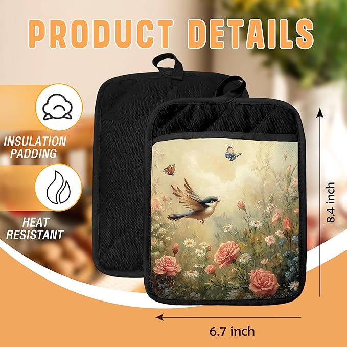 Rustic Floral Bird Pot Holders with Pockets, Cottagecore Wildflower Butterfly Oven Pot Holders Heat Resistant Oven Mitts Hot Pads for Kitchen Baking Cooking