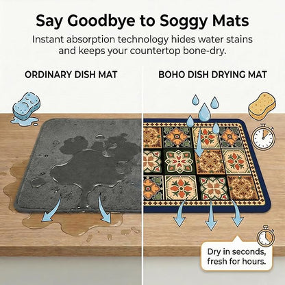 Boho Dish Drying Mat for Kitchen Counter - Super Absorbent Faux Leather Kitchen Mat, Quick Dry & Non-Slip Countertop Protector, Aesthetic Bohemian Decor for Coffee Bar (12"x19", Blue)