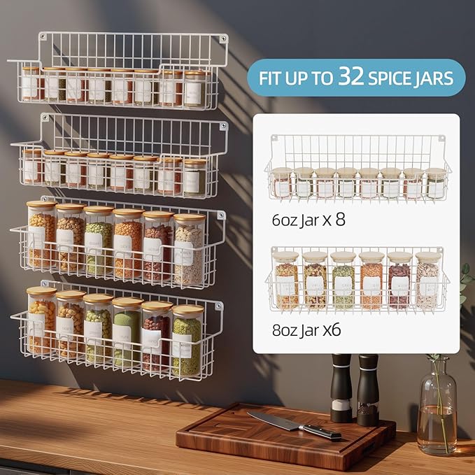 Spice Rack Wall Mount 4 Pack, Metal Wall Mounted Spice Rack Organizer for Cabinet Door & Pantry, Space-Saving Kitchen Spice Rack Shelf, White - Image 6