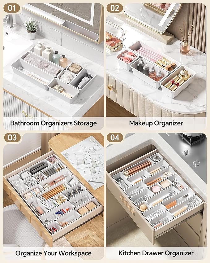 Canfanni 13 Pack Plastic Drawer Organizers Set, 3 Sizes Desk Drawer Organizer Trays for Vanity and Makeup Organizer, Organization and Storage for Makeup, Kitchen Utensils, Bathroom and Office(White) - Image 5