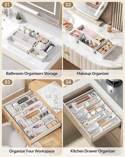 Canfanni 13 Pack Plastic Drawer Organizers Set, 3 Sizes Desk Drawer Organizer Trays for Vanity and Makeup Organizer, Organization and Storage for Makeup, Kitchen Utensils, Bathroom and Office(White) - Image 5