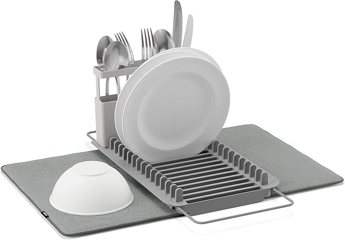 Umbra Udry Dish Rack and Microfiber Drying Mat – Space-Saving Design Folds Up for Easy Storage, Over-Sink Rack, Gray by Umbra
