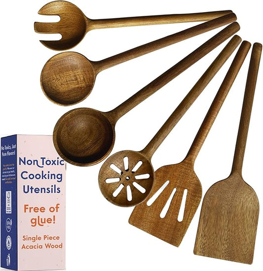 Non-Toxic Cooking Utensils – 6-Piece Kitchen Utensils Set, Glue-Free & One-Piece Wooden Spoons for Cooking, Natural Wooden Utensil Set with Plant-Based Finish, Free of Forever Chemicals by Ziruma