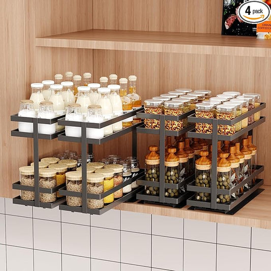 Mustorn 4 Pack Pull Out Spice Rack Organizer for Cabinet, 2 Tier Metal Slide Out Seasoning Organizer and Storage Heavy Duty Vertical Spice Rack Shelf Pullout for Kitchen Cabinets No Drilling (Black) by MUSTORN