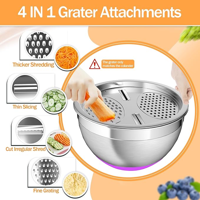 Nicdiet Mixing Bowls with Airtight Lids, Stainless Steel Mixing Bowl Set with 3 Metal Nesting Bowls, Colander & Grater, Non-Slip Bottoms, Size 1.5, 2.5, 5 QT, Great for Mixing & Serving, Mutilcolor - Image 5