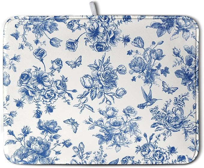Dish Drying Mat for Kitchen Counter Blue and White Floral Drying Mats Chinoiserie Vintage Flowers Dish Drying Pad for Dishes Microfiber Absorbent Dish Drainer Rack Mat for Countertop 18x24 Inch by Kwlegh